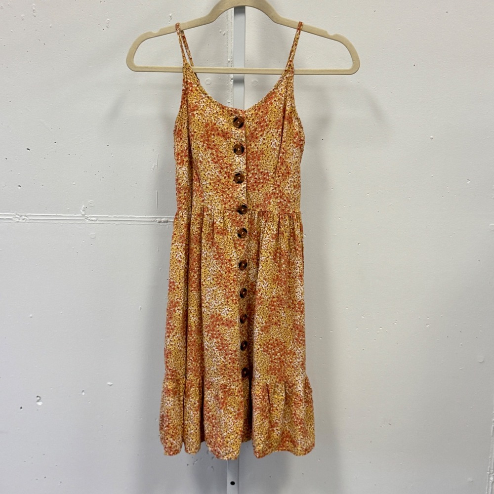 Japna Orange Ditsy Floral Button Down Smocked Back Mini Dress Womens XS Boho